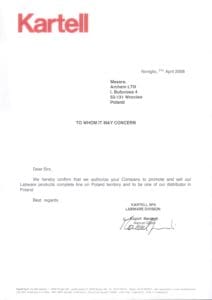 Certyfikat Kartell dla Archem