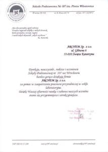 dyplom otrzymany przez Archem od szkoły podstawowej nr 107 im. Piotra Włostowica